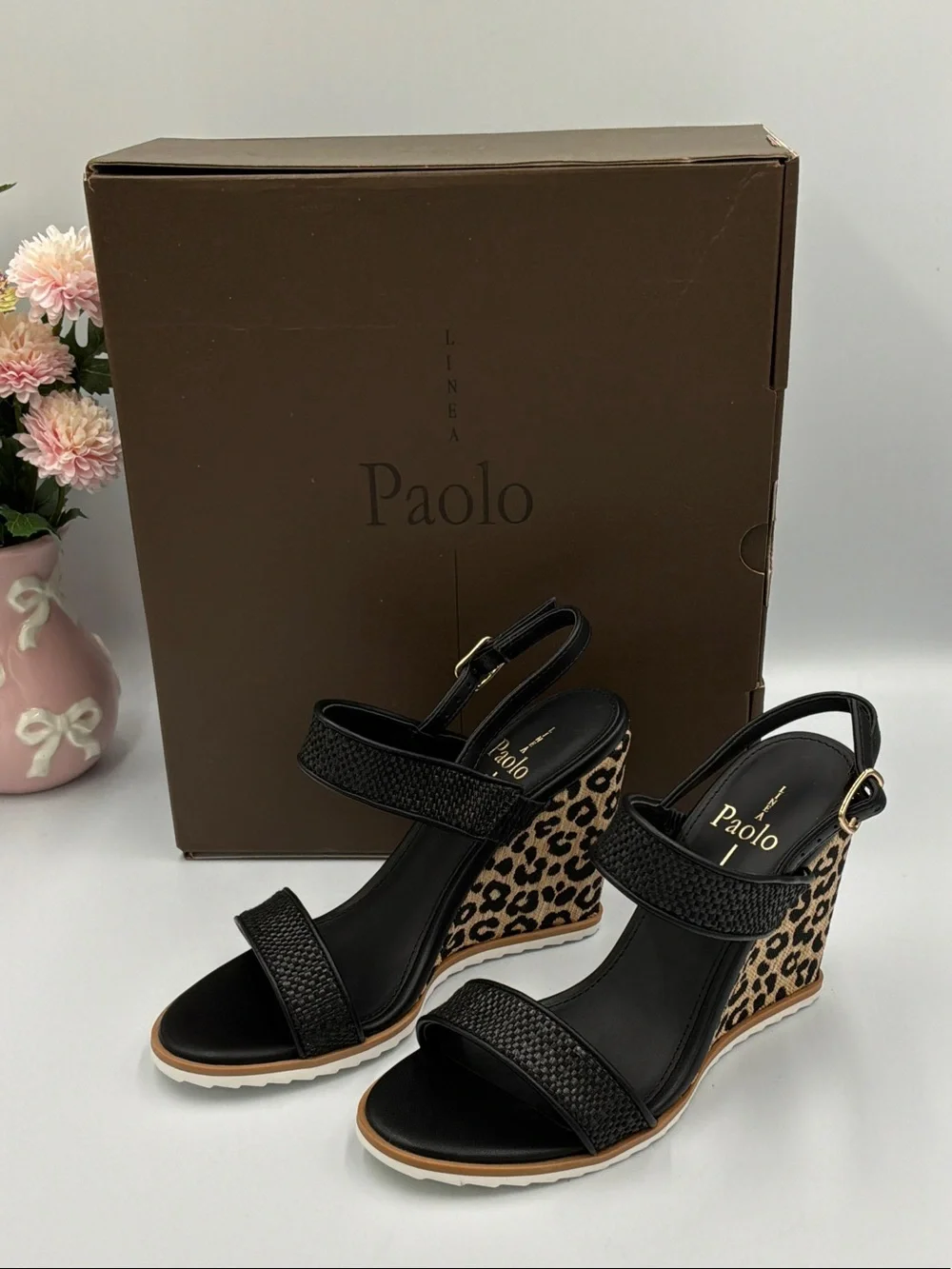 Paolo Black Sandals with Leopard-Print Wedge